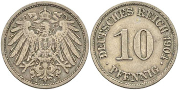 ГЕРМАНИЯ 10 ПФЕННИГОВ 1904 A KM 12, J. 13 медно-никель 34-246