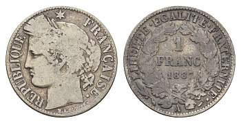 Франция 1 франк 1887 A KM 822.1 серебро 93-114