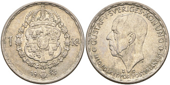 Швеция 1 крона 1944 G, Густав V (1907-1950) KM 814 серебро 4148-1021