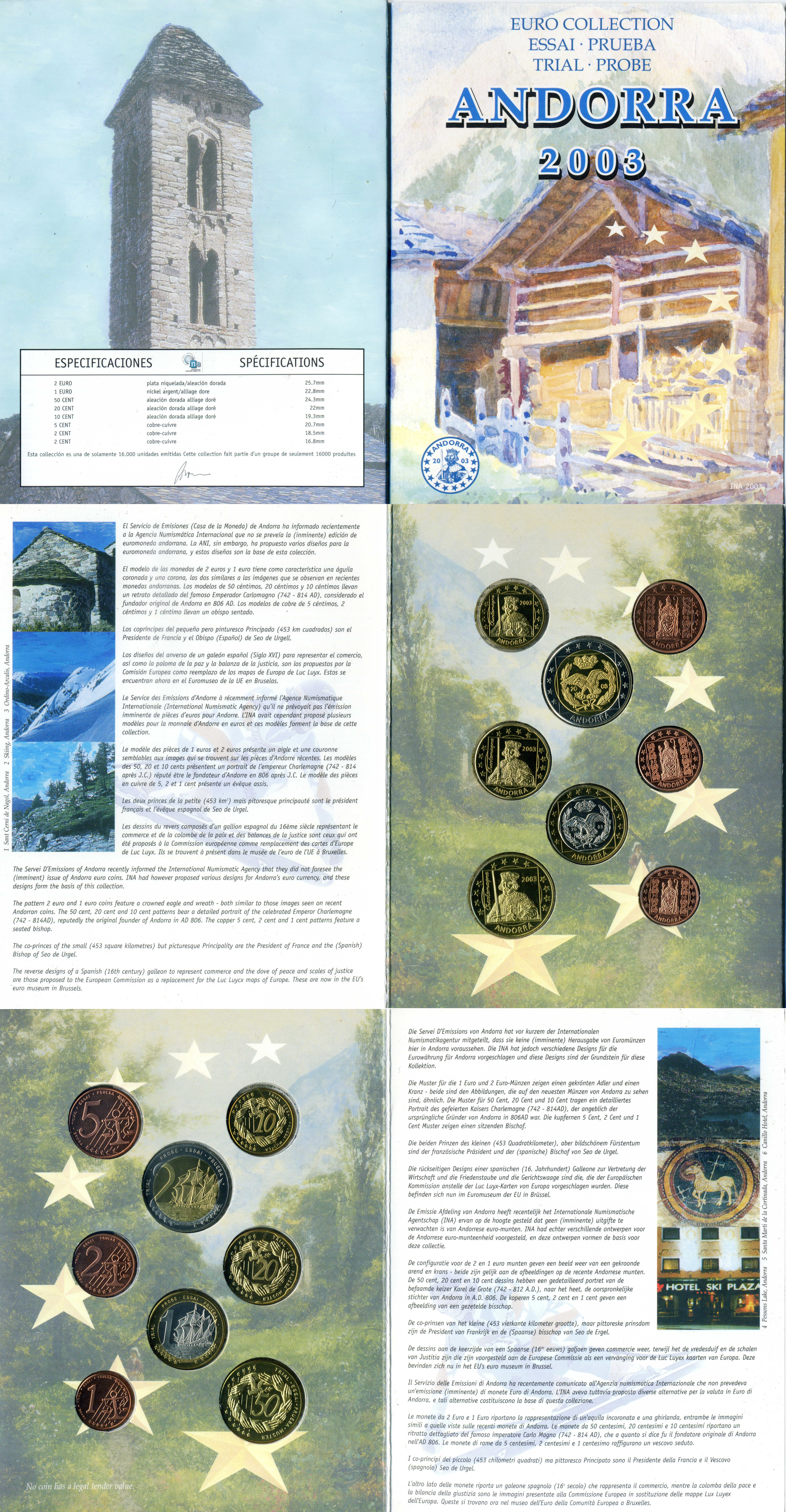 Андорра набор из 8 европробников 2003 в оригинальном картонном буклете, тираж 16000 экземпляров    UNC  1-6-4-03