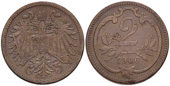 АВСТРИЯ 2 ГЕЛЛЕРА 1906 ФРАНЦ ИОСИФ (1846-1918) KM 2801 бронза 201-328