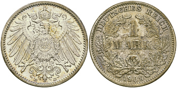 Германия 1 марка 1909 D Weege 18, J. 17, KM 14 серебро aUNC 65-226