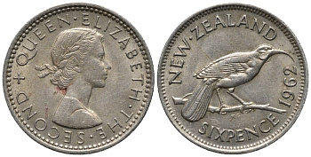 Новая Зеландия 6 пенсов 1962 Елизавета II (1952-2022), разноклювая гуйя KM 26.2 медно-никель 54-1123