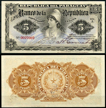 Парагвай 5 песо 1907 свобода, Viveros и Angel Crovatto Pick 156 a (1)  бумага  aUNC 451-699-2