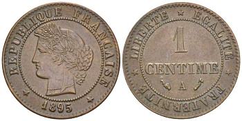 ФРАНЦИЯ 1 САНТИМ 1895 А, ТРЕТЬЯ РЕСПУБЛИКА (1871-1940) KM 826.1, LE FRANC 104.22 бронза 201-837