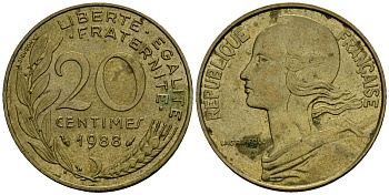 Франция 20 сантимов 1988 тип Marianne KM 930 медь алюминий никель 4135-631