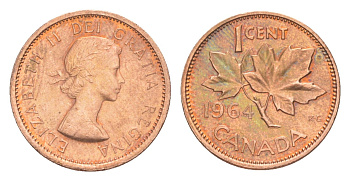 Канада 1 цент 1964 Елизавета II (1952-2022), кленовый лист KM 49 бронза 4639-325