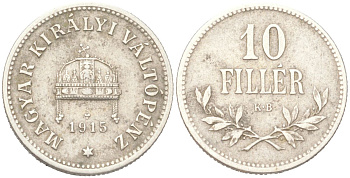 Венгрия 10 филлеров 1915 KB, Франц Иосиф I (1848-1916) KM 494 медь цинк никель 4611-1217