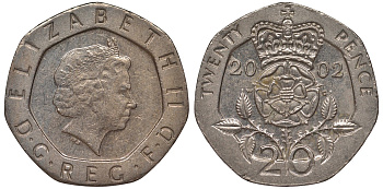 Великобритания 20 пенсов 2002 Елизавета II (1952-2022) KM 990, Spink 4630 (G3) медно-никель 4122-1136