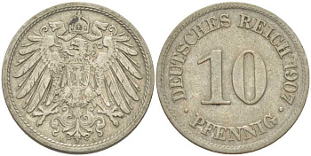 Германия 10 пфеннигов 1907 A KM 12, J. 13, Weege 8 медно-никель 259-951
