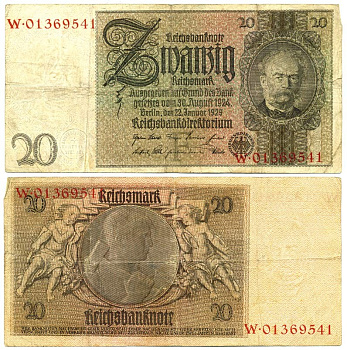 Германия 20 рейхсмарок 1929 Вернер фон Сименс, буква F, серия W Pick 181 a, Ros. 174 a  бумага   7203-5-2-2