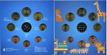 Финляндия евронабор из 8 монет + жетон 2004 детские игрушки, ONNENLANTTI, в оригинальном буклете KM MS 70   UNC  5-6-1-05