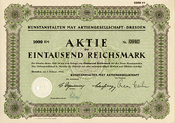 Германия 1000 рейхсмарок 1942 Kunstanstalten May AG (КАМАГ) - художественное издательство, акция   бумага   8801-84-1