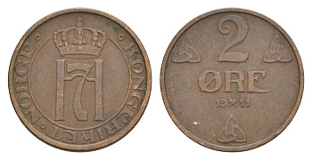 Норвегия 2 эре 1951 Хокон VII (1905-1957) KM 371 бронза 4635-323