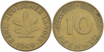 ФРГ 10 ПФЕННИГОВ 1949 D KM 103, J.378 сталь плакированная латунью 4539-913