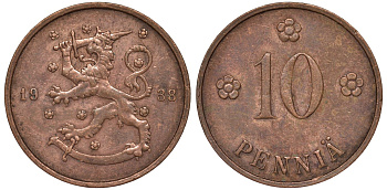 Финляндия 10 пенни 1938 KM 24 медь 51-3042