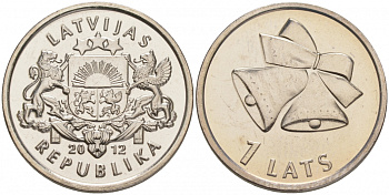 Латвия 1 лат 2012 рождественские колокольчики KM 136 медно-никель UNC M30-06