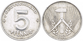 ГДР 5 ПФЕННИГОВ 1952 Е KM 6 алюминий 3955-548