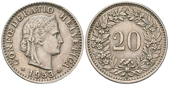 Швейцария 20 раппенов 1953 B KM 29a медно-никель 220-1233