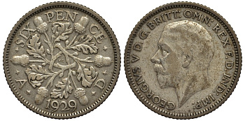 Великобритания 6 пенсов 1929 Георг V (1910-1936) KM 832, Spink 4040 серебро 4538-336