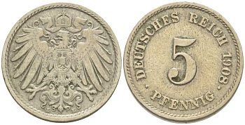 Германия 5 пфеннигов 1908 E KM 11, Jager 12, Weege 6 медно-никель 206-954
