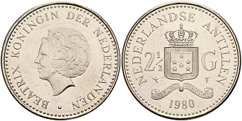 Нидерландские Антилы 2 1/2 гульдена 1980 Беатрикс (1980-2013) KM 19 никель UNC 4179-1312