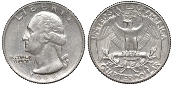 США 25 центов (квотер) 1966 Вашингтон KM 164a медь плакированная медно-никелем 53-854