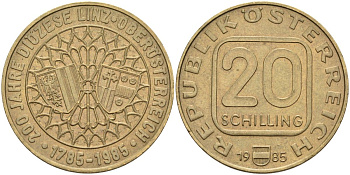 Австрия 20 шиллингов 1985 200 лет епархии в Линце KM 2970 алюминиевая бронза 4593-525