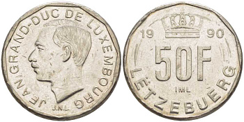 Люксембург 50 франков 1990 Герцог Жан (1964-1999) KM 66 никель 4402-251