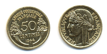 Французская Западная Африка 50 сантимов 1944 редкая KM 1, Lec 1 алюминиевая бронза aUNC 53-1123