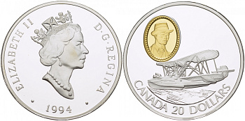 Канада 20 долларов 1994 канадский самолет Виккерс Ведетт KM 247 серебро, позолота PROOF 04-174-33