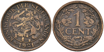 Нидерланды 1 цент 1921 Вильгельмина (1890-1948) KM 152 бронза 4576-731