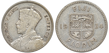 Фиджи 1 флорин 1934 Георг V (1910-1936), герб Фиджи KM 5 серебро 91-1223