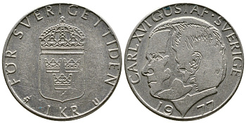 Швеция 1 крона 1977 Карл XVI Густав (1973- ) KM 852 медь плакированная медно-никелем 176-442