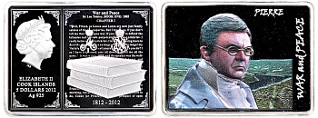 Острова Кука 5 долларов 2012 Лев Толстой, роман "Война и мир", Пьер Безухов, цветная эмаль KM NEW серебро PROOF 01-084-44