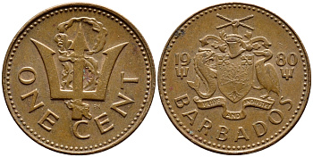 Барбадос 1 цент 1980 сломанный трезубец Британии KM 10 бронза 4396-1259