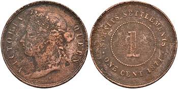 Стрейтс-Сетлментс 1 цент 1874 Виктория (1837-1901), Ост-Индская компания KM 9 медь 4590-326