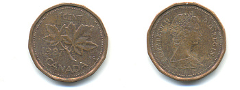 Канада 1 цент 1987 Елизавета II (1952-2022), кленовый лист KM 132 бронза 177-1419
