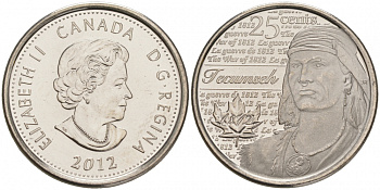 Канада 25 центов 2012 серия герои Канады в войне 1812-1815, вождь шауни Текумсе KM 1324 никелированная сталь UNC M47-12