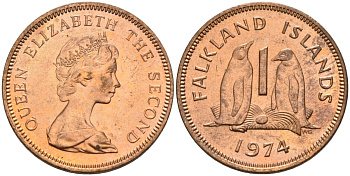 Фолклендские острова 1 пенни 1974 Елизавета II (1952-2022), папуанский пингвин KM 2 бронза 4152-1261