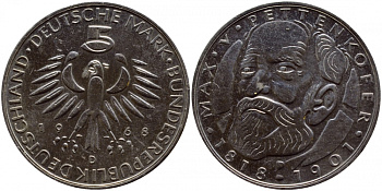 ФРГ 5 марок 1968 D, 150 лет со дня рождения Макса фон Петтенкофера J. 398, KM 123.1 серебро UNC 1520-1312