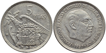 Испания 5 песет 1957 (75) Франциско Франко (1939-1975) KM 786 медно-никель 4397-615