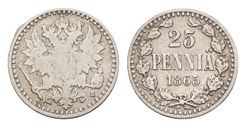 Россия для Финляндии 25 пенни 1865 S, Александр II (1855-1881) Биткин 641 серебро 1518-524