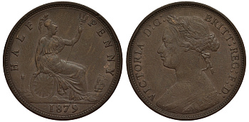 Великобритания 1/2 пенни 1879 Виктория (1837-1901) КМ 754, Spink 3956 бронза 1523-842