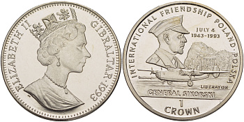 Гибралтар 1 крона 1993 серия международная дружба, генерал Сикорский, 4 Июля 1943 KM 188 медно-никель BUNC 1084-8-61
