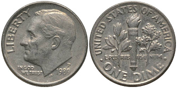 США 10 ЦЕНТОВ = 1 ДАЙМ 1989 P, РУЗВЕЛЬТ KM 195а медь плакированная медно-никелем 4396-455