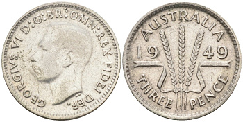 Австралия 3 пенса 1949 KG, Георг VI (1937-1952) KM 44 серебро 4585-258