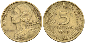 Франция 5 сантимов 1969 тип Марианна KM 933 никель алюминий медь    4594-1126