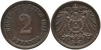 ГЕРМАНИЯ 2 ПФЕННИГА 1911 F KM 16, J. 11 медь 112-712