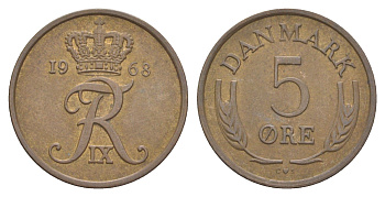 Дания 5 эре 1968 C; S, Фредерик IX (1947-1972) KM 848 бронза 4529-835